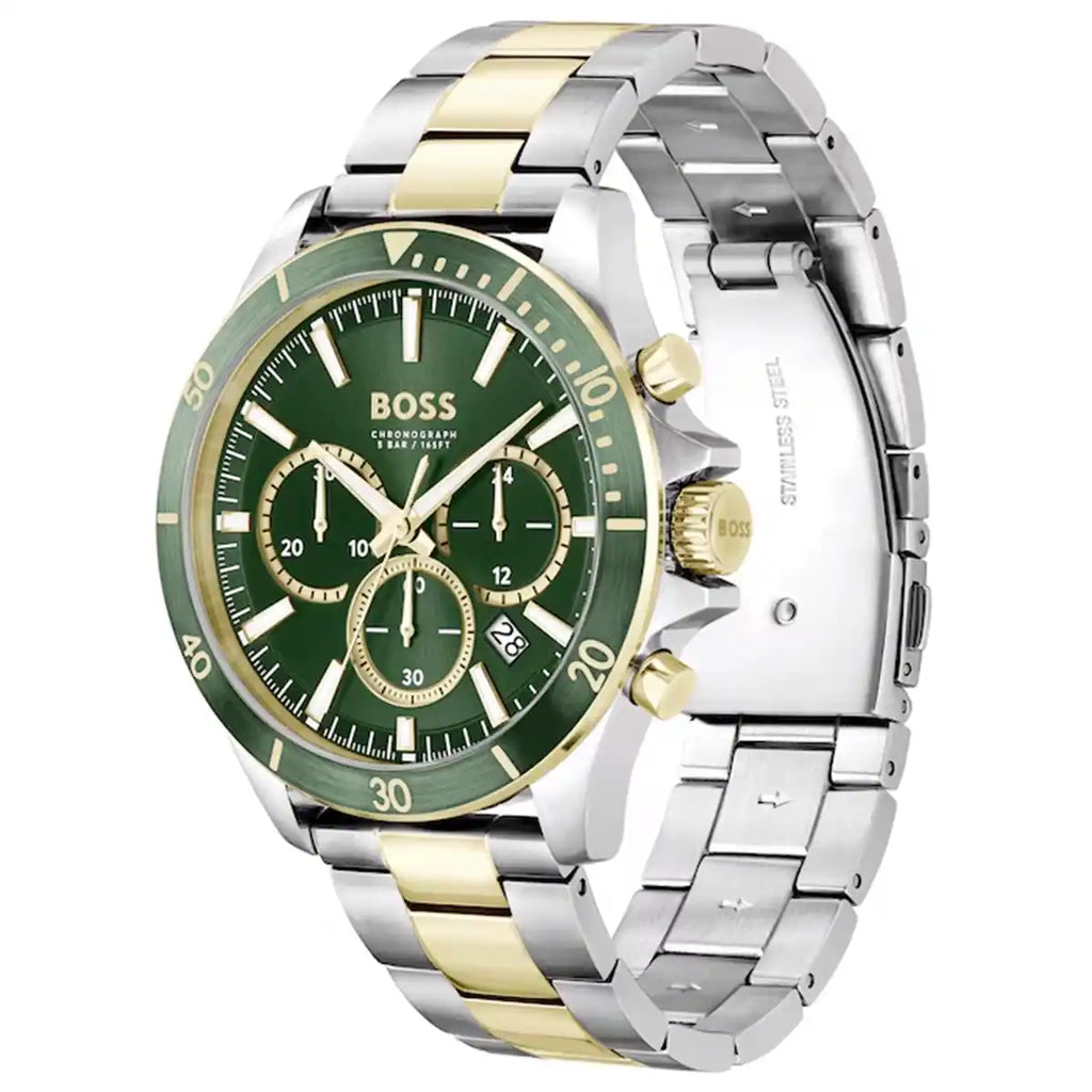 Hugo Boss Runner 1514154 Two-Tone Silver Gold Case Green Dial Men's Watch