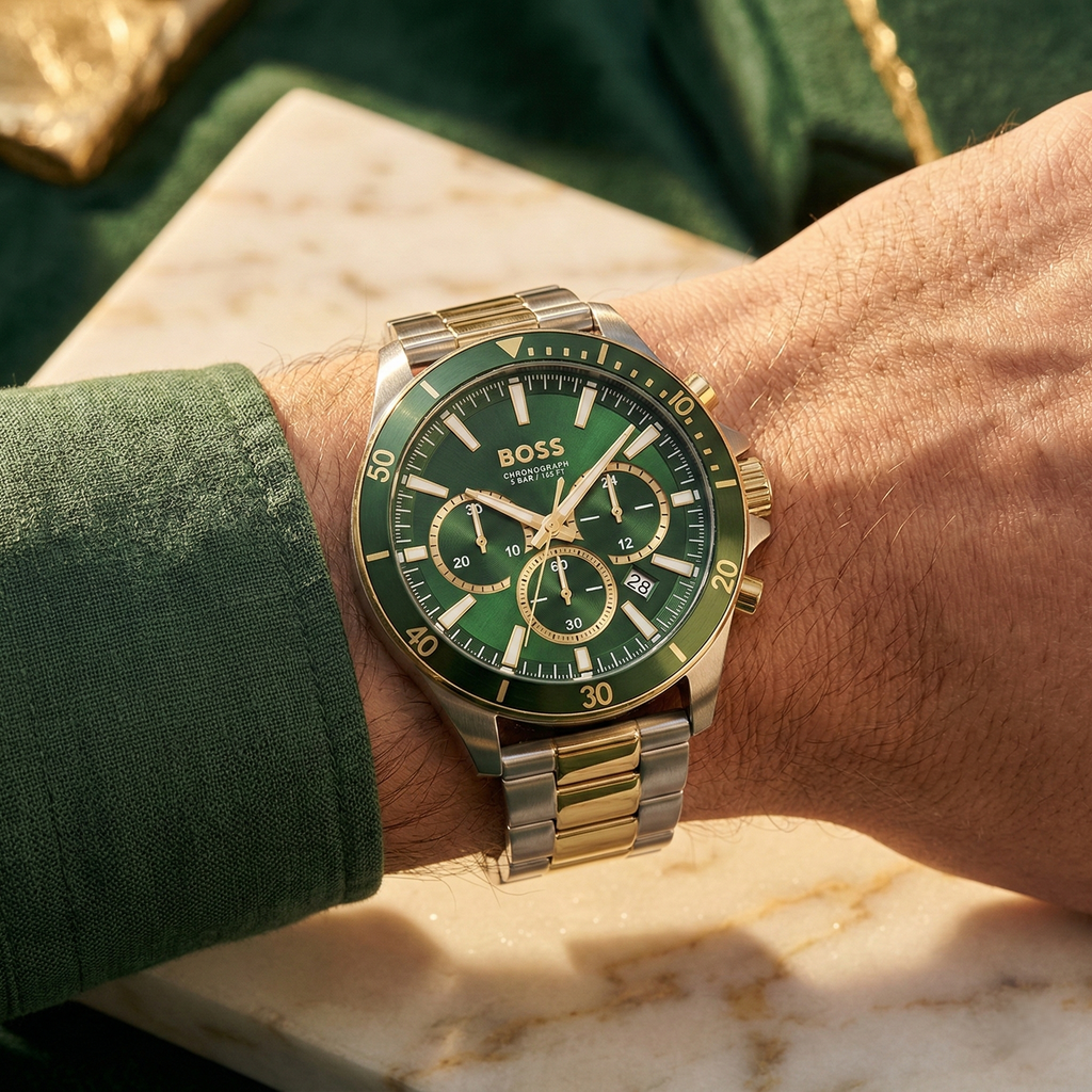Hugo Boss Runner 1514154 Two-Tone Silver Gold Case Green Dial Men's Watch
