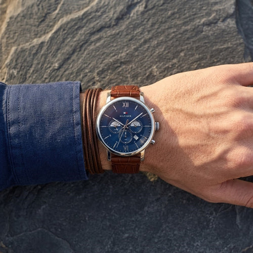 1710393 Tommy Hilfiger Evan Men's Chronograph Watch - Blue Dial - Brown Leather Strap -