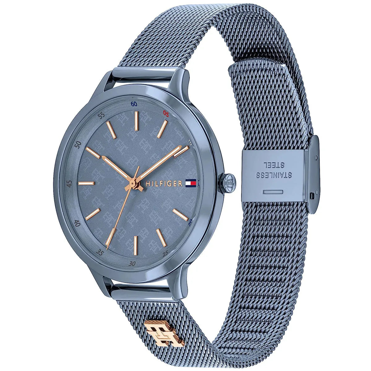 Tommy Hilfiger Iris 1782589 Slate Blue Mesh Rose Gold Accents Women's Watch