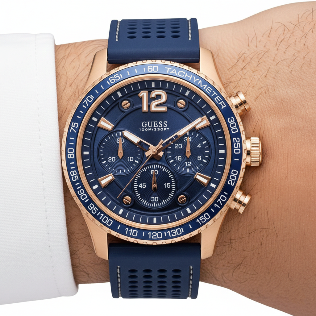 Guess Fleet W0971G3 Men's Rose Gold Case Blue Dial Rubber Watch