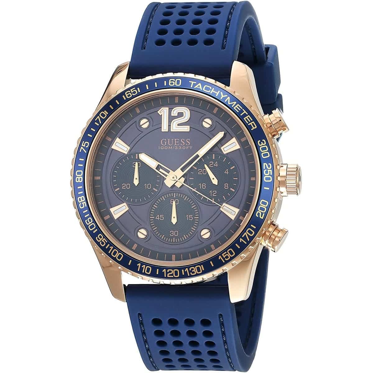 Guess Fleet W0971G3 Men's Rose Gold Case Blue Dial Rubber Watch