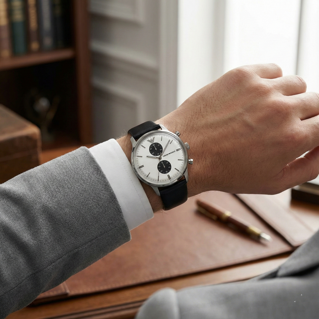 Emporio Armani Classic AR0385 White Panda Dial Leather Watch