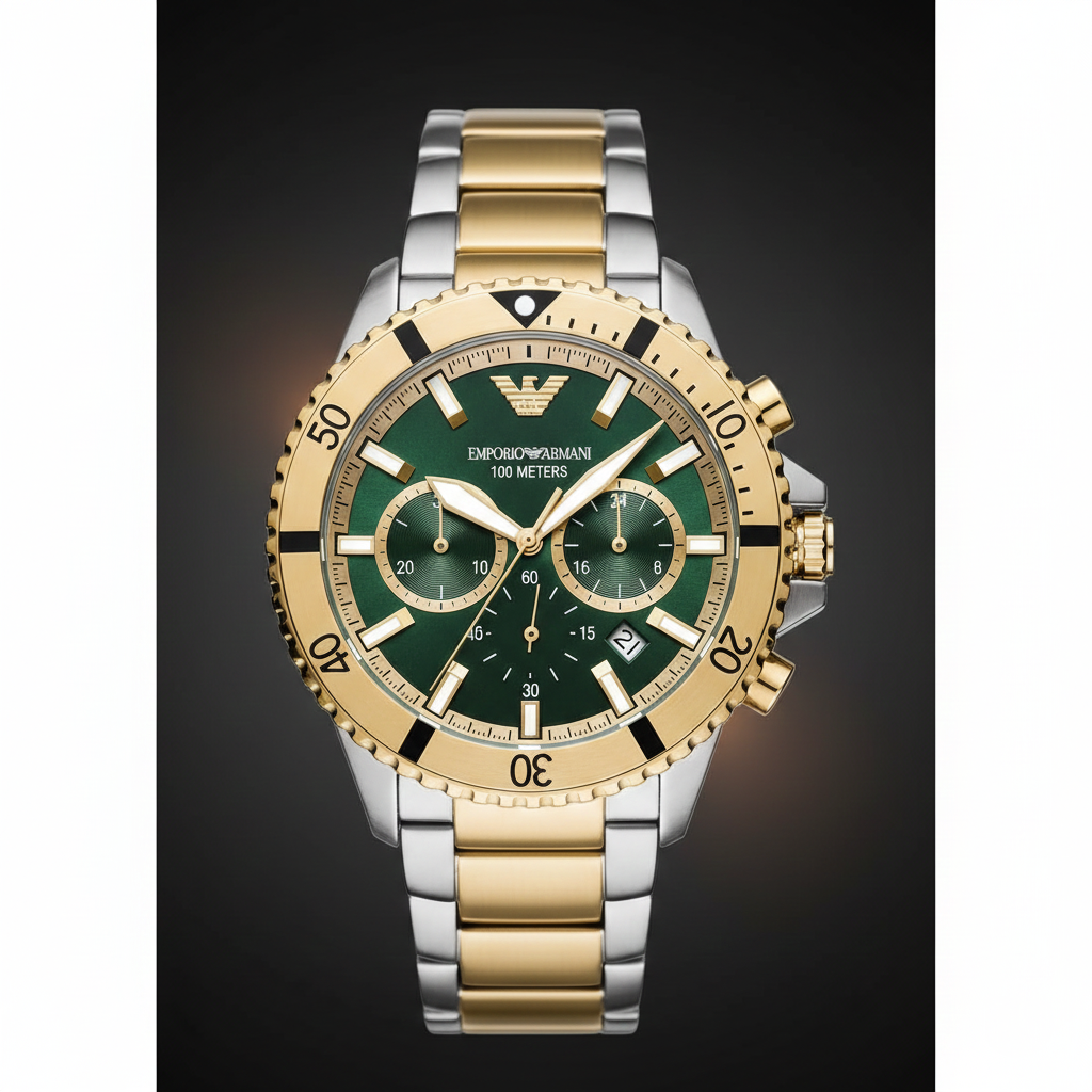 Emporio Armani AR11586 Men’s Green Dial Two-Tone Stainless Steel Diver Chronograph Watch