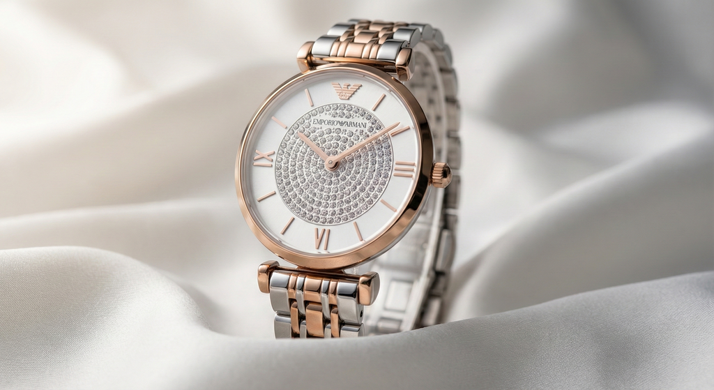 Emporio Armani Gianni T-Bar AR80035 Women's Two-Tone Crystal Pavé Dial Luxury Watch