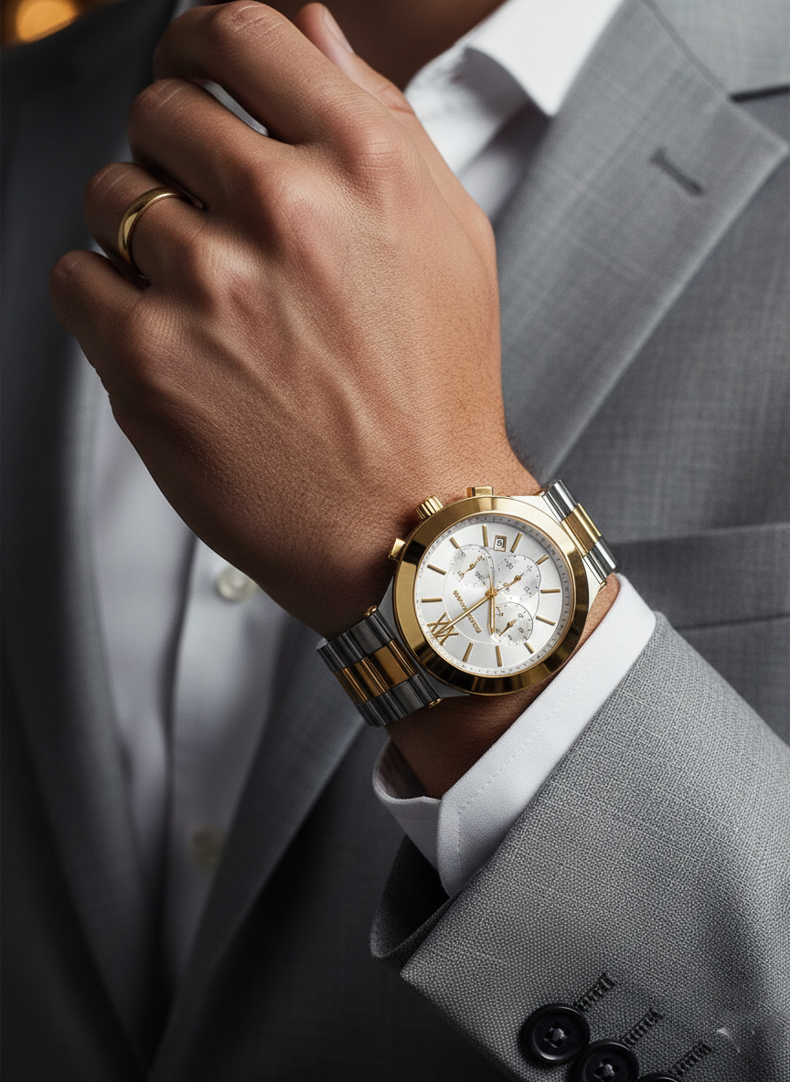 Michael Kors MK9221 Men’s White Dial Two-Tone Silver Gold Stainless Steel Billie Chronograph Watch