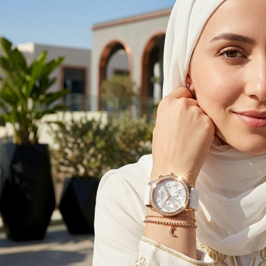 Guess Solar Multi-Function W1135L1 Rose Gold Case Crystal Bezel White Rubber Women's Watch