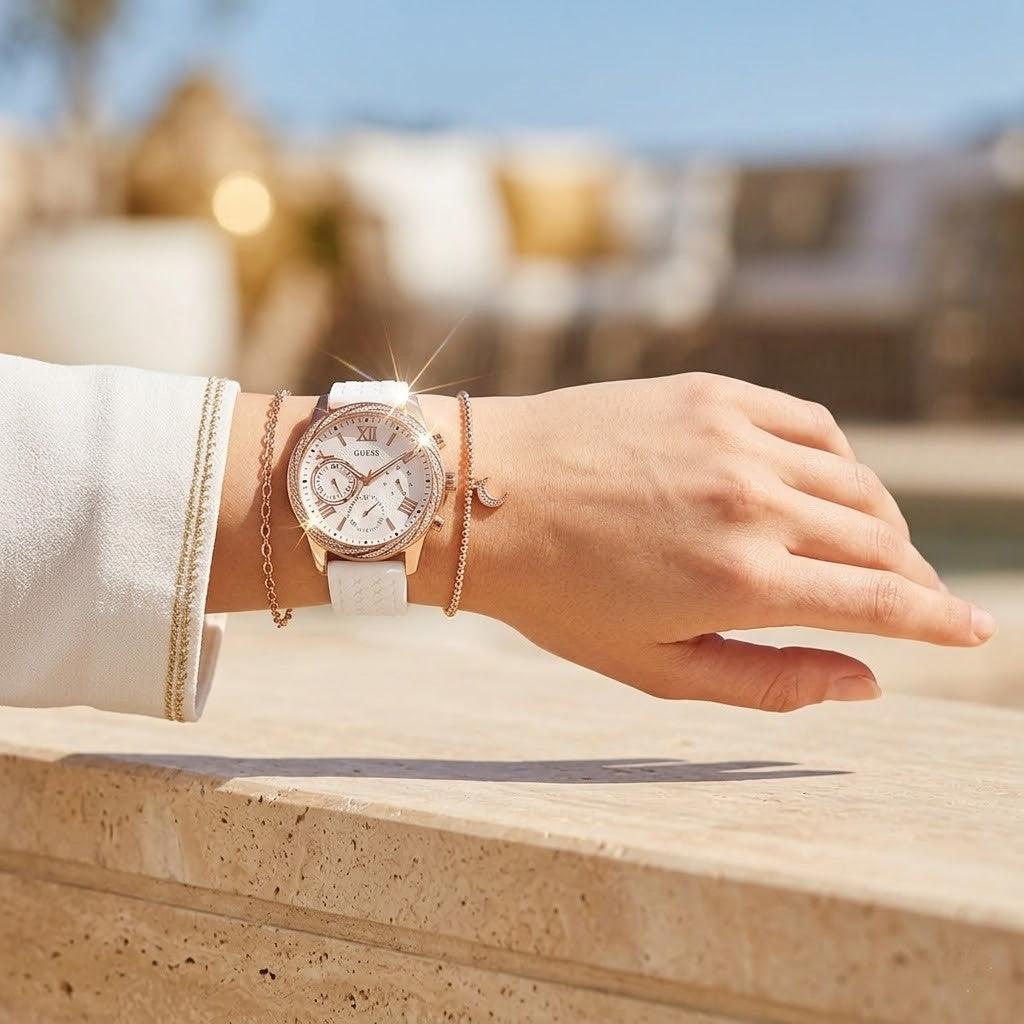 ساعة Guess Solar متعددة الوظائف W1135L1 بهيكل ذهبي وردي وإطار كريستالي وسوار مطاطي أبيض للنساء