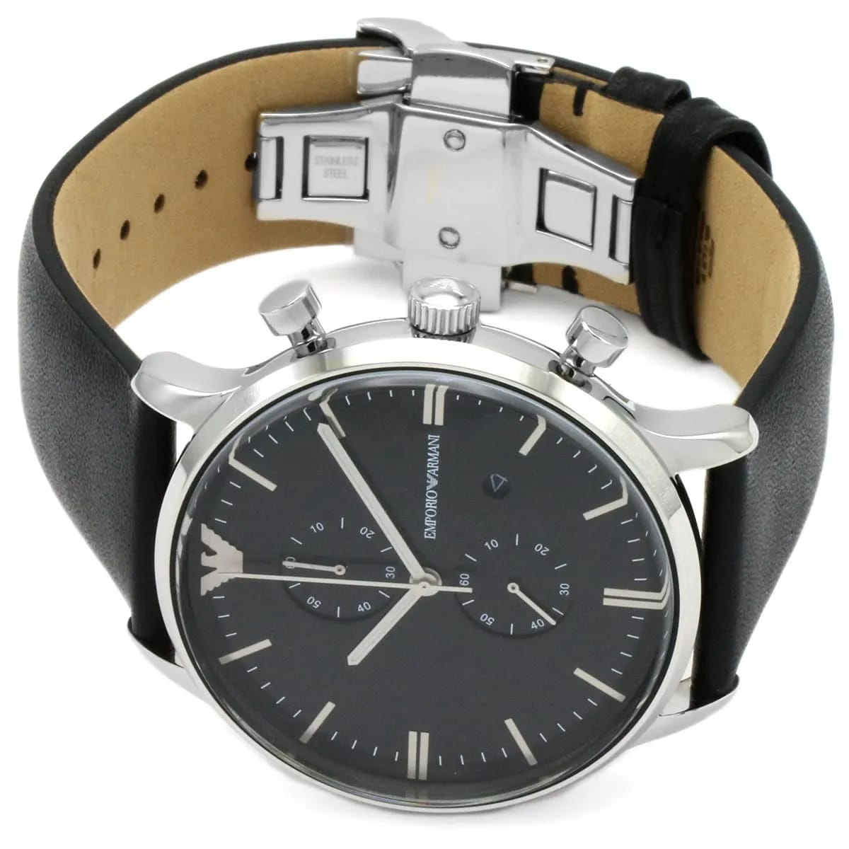 Emporio Armani AR0397 Men’s Black Dial Black Leather Chronograph Watch