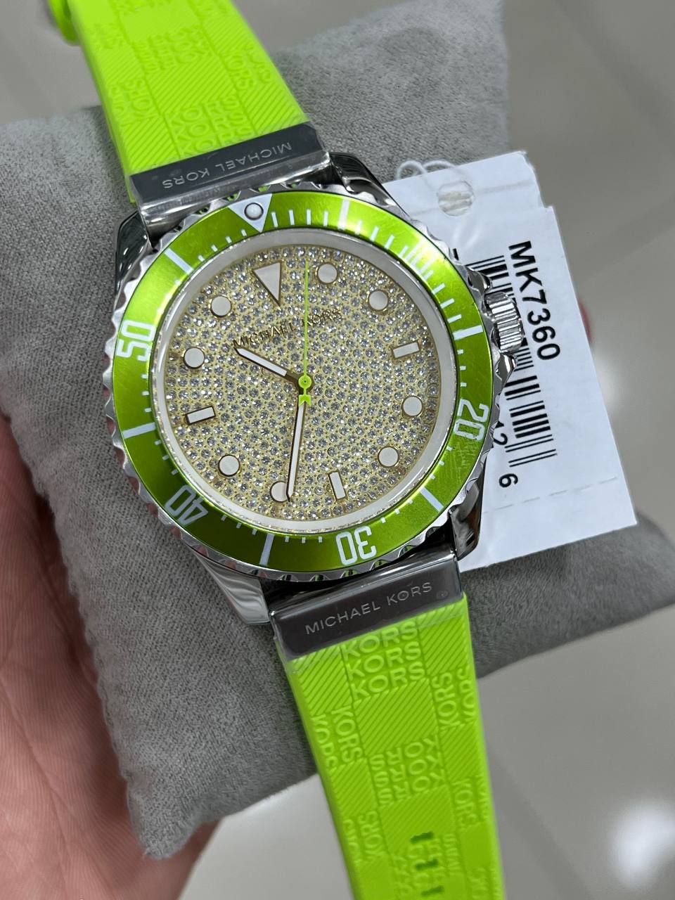 Michael Kors Everest MK7360 Silver-Tone Crystal Pavé Lime Green Rubber Women's Watch
