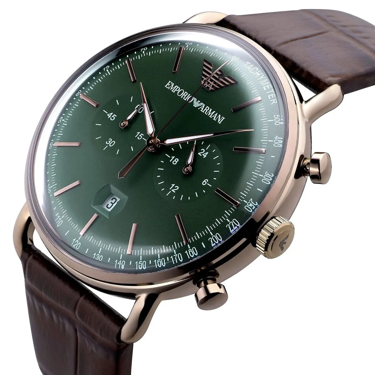 Emporio Armani AR11334 Men’s Green Dial Brown Leather Aviator Chronograph Watch