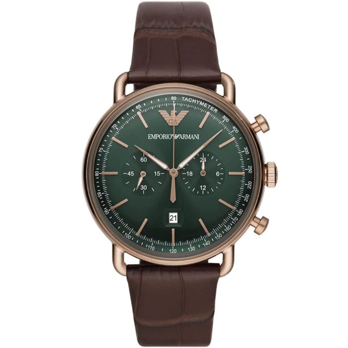 Emporio Armani AR11334 Men’s Green Dial Brown Leather Aviator Chronograph Watch