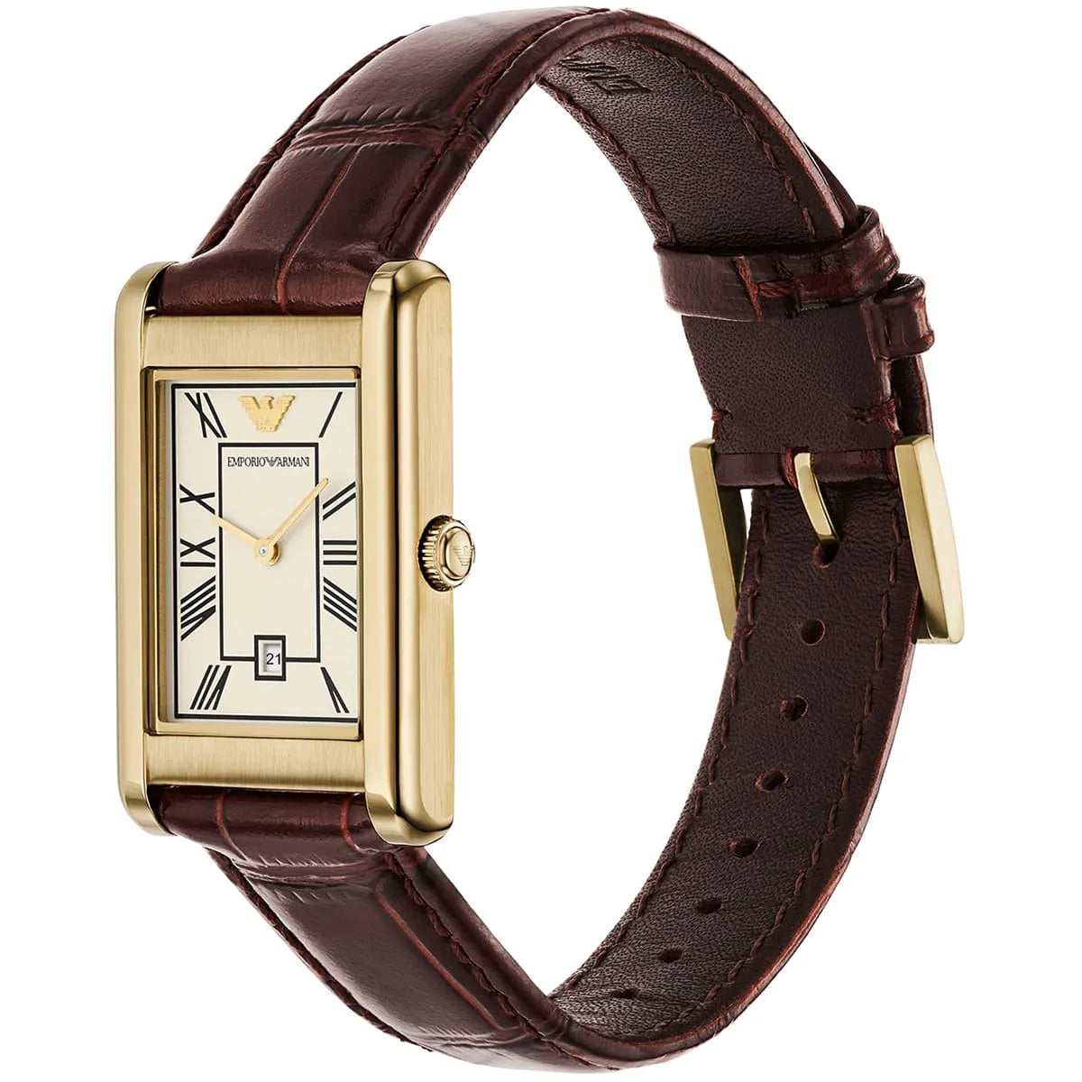 Emporio Armani Gino AR11665 Gold-Tone Rectangular Watch with Brown Leather