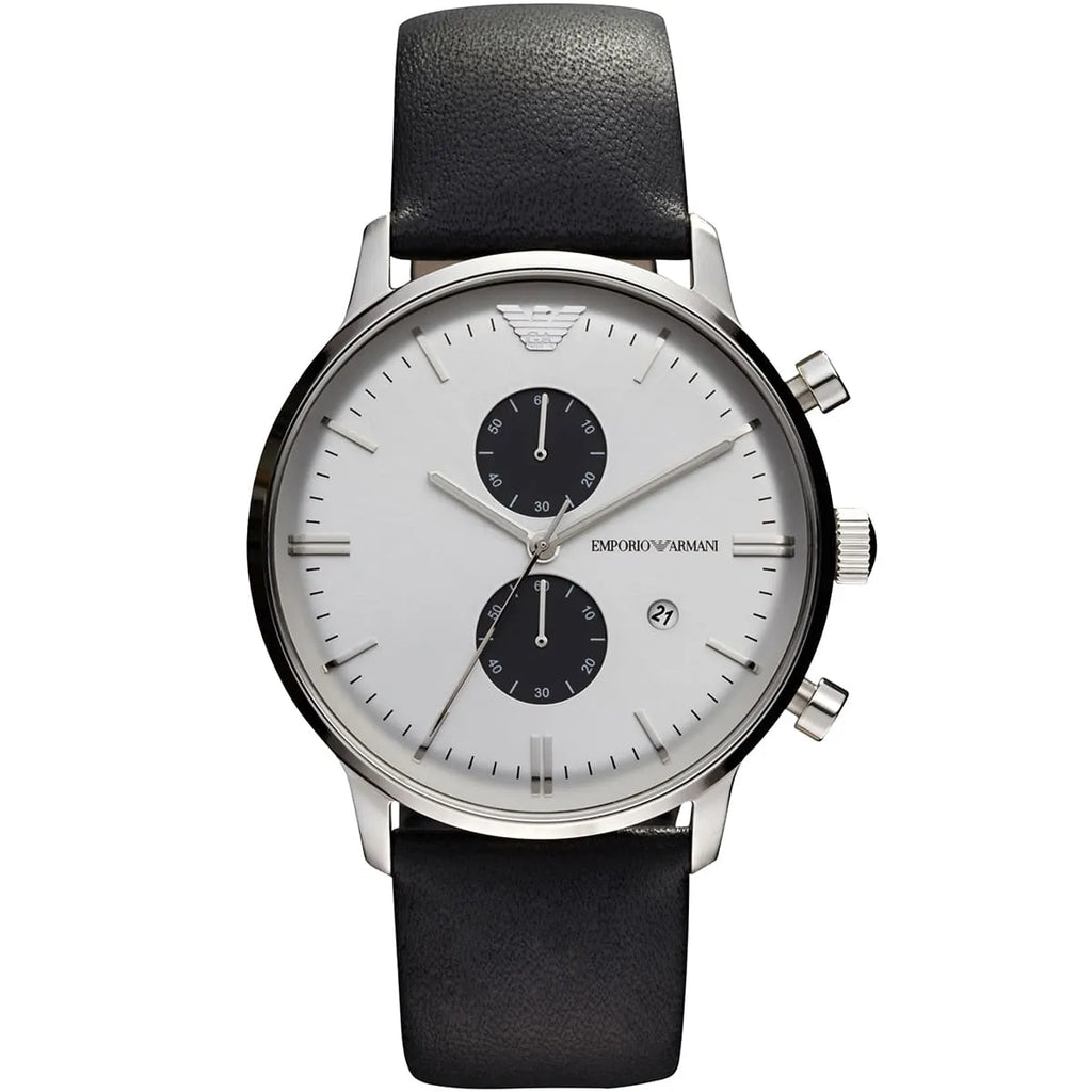 Emporio Armani Classic AR0385 White Panda Dial Leather Watch
