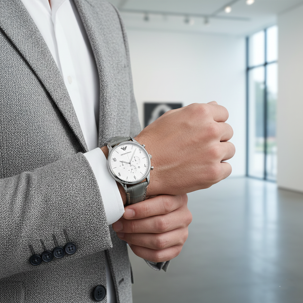 Emporio Armani AR1861 Classic Silver Grey Leather Watch