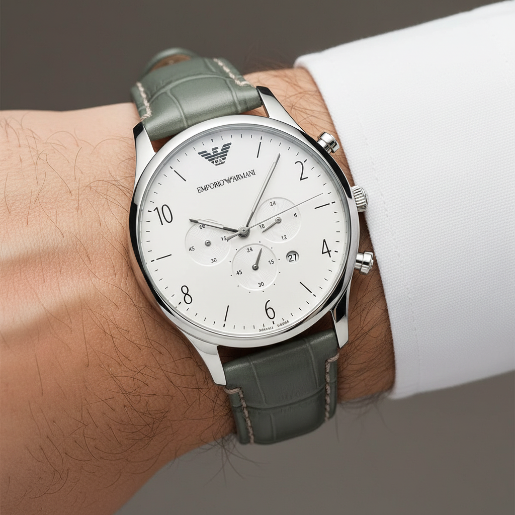 Emporio Armani AR1861 Classic Silver Grey Leather Watch