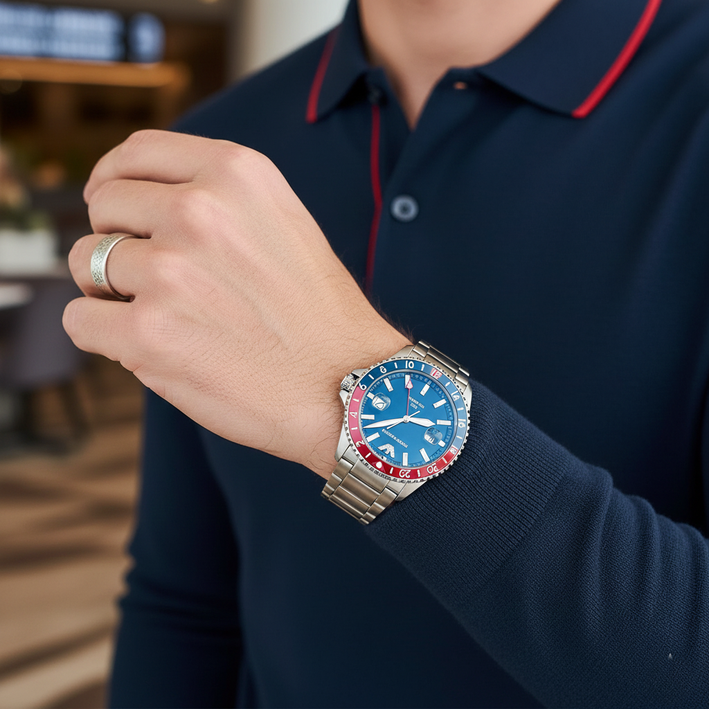 Emporio Armani Diver AR11590 GMT Pepsi Bezel Blue Dial Watch