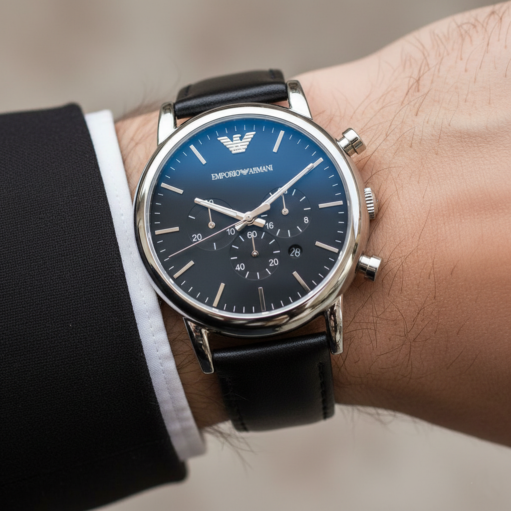 Emporio Armani Luigi AR1828 Black Leather Silver Chronograph Watch