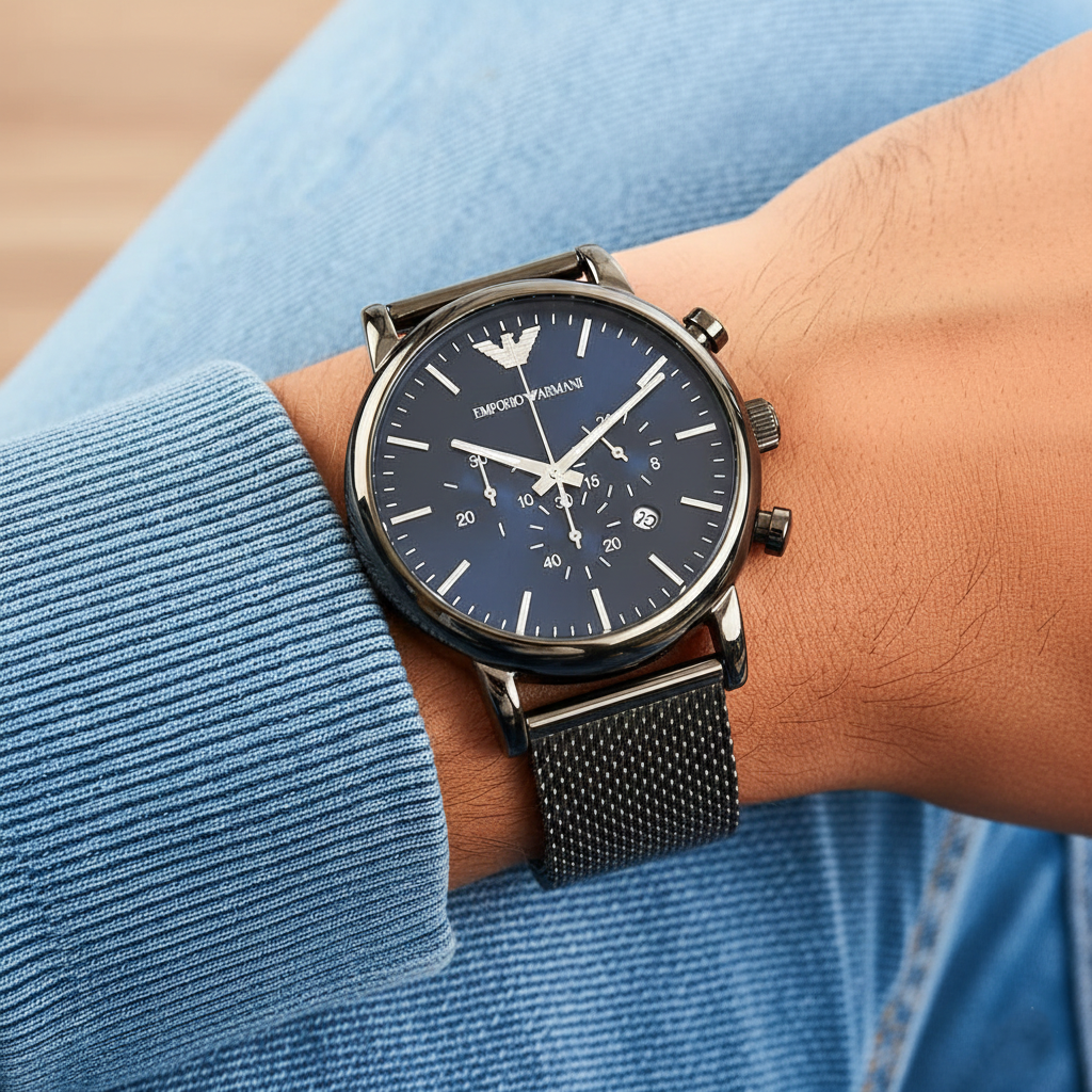 Emporio Armani Luigi AR1979 Gunmetal Mesh Blue Dial Watch