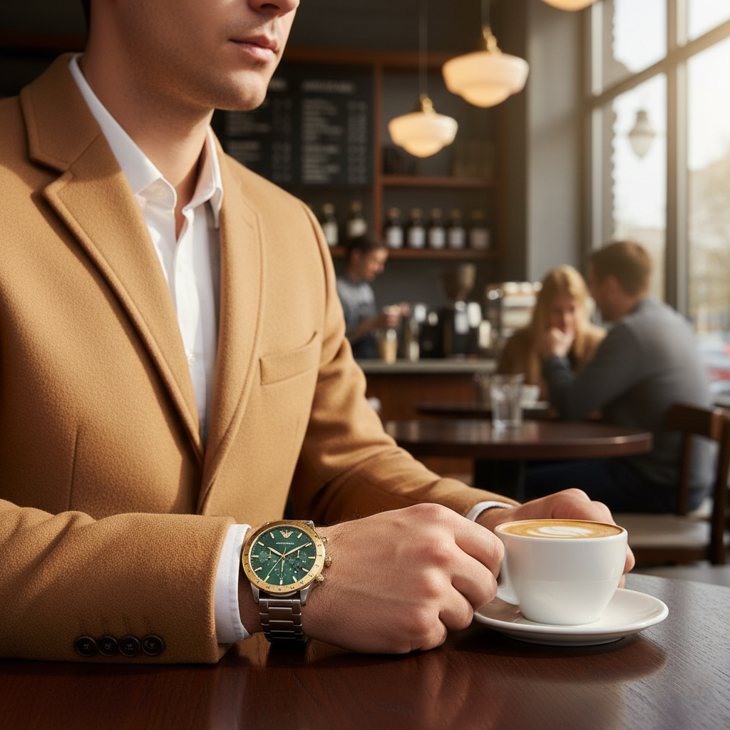 Emporio Armani Mario AR11454 Green Dial Gold Bezel Watch