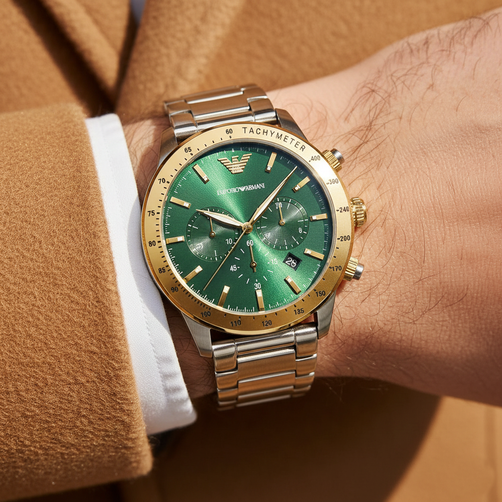 Emporio Armani Mario AR11454 Green Dial Gold Bezel Watch