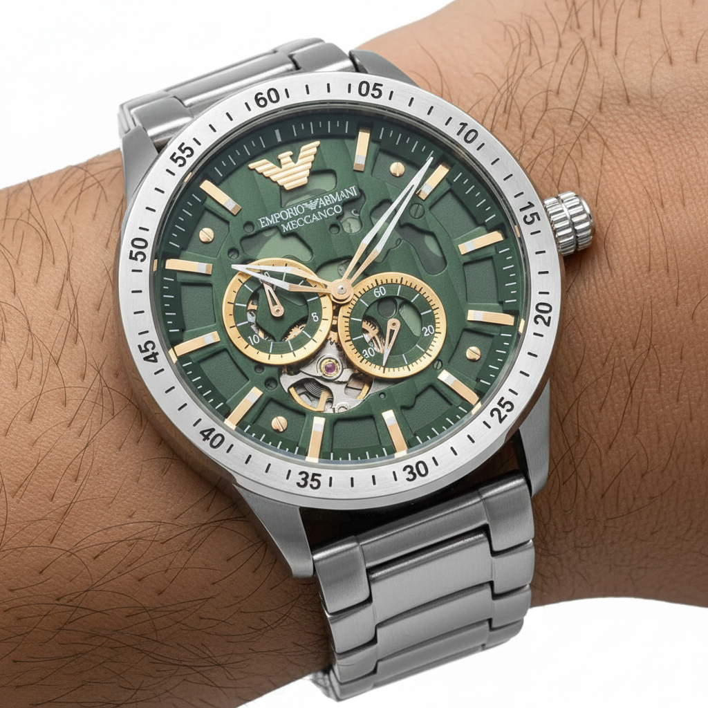 Emporio Armani Mario AR60053 Meccanico Automatic Skeleton Green & Gold Watch