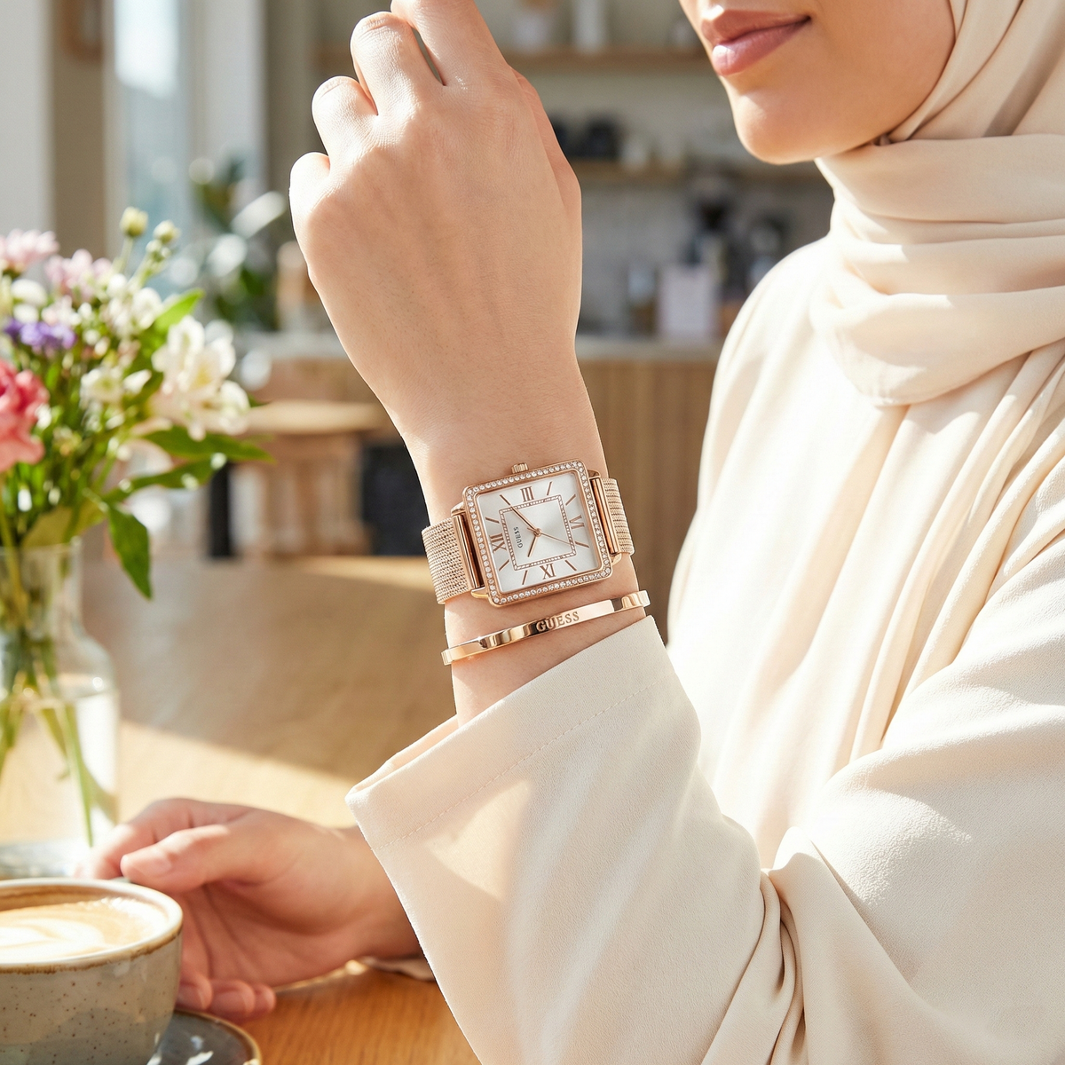 Guess Chelsea W0826L3 Rose Gold Mesh Bracelet Square Crystal Watch