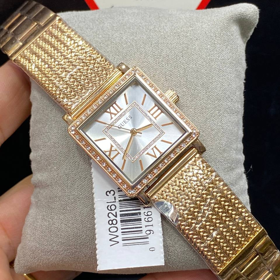 Guess Chelsea W0826L3 Rose Gold Mesh Bracelet Square Crystal Watch