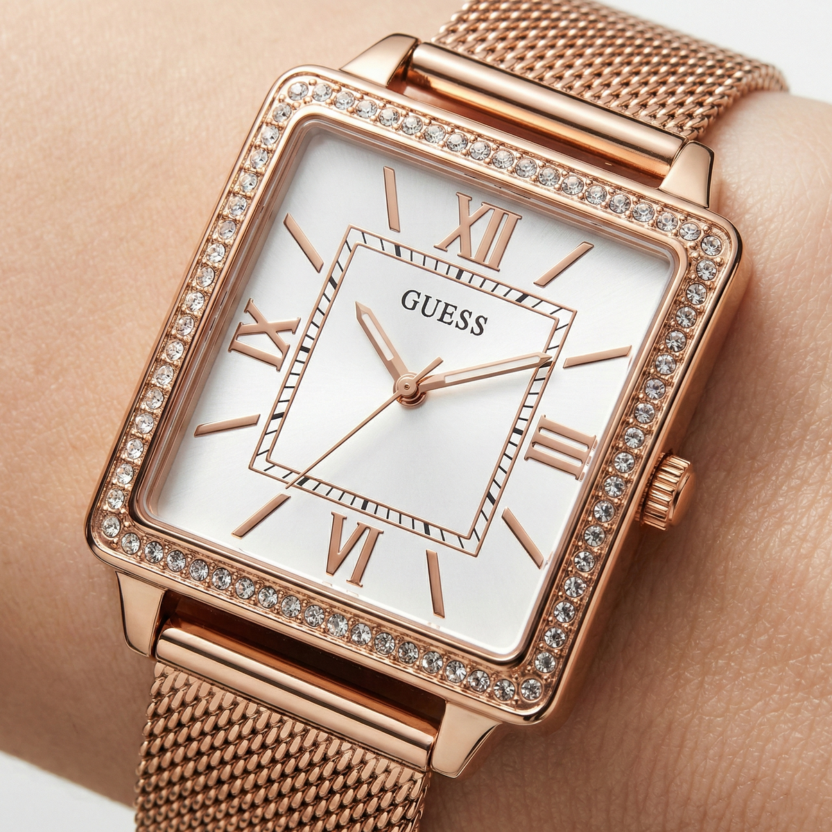 Guess Chelsea W0826L3 Rose Gold Mesh Bracelet Square Crystal Watch