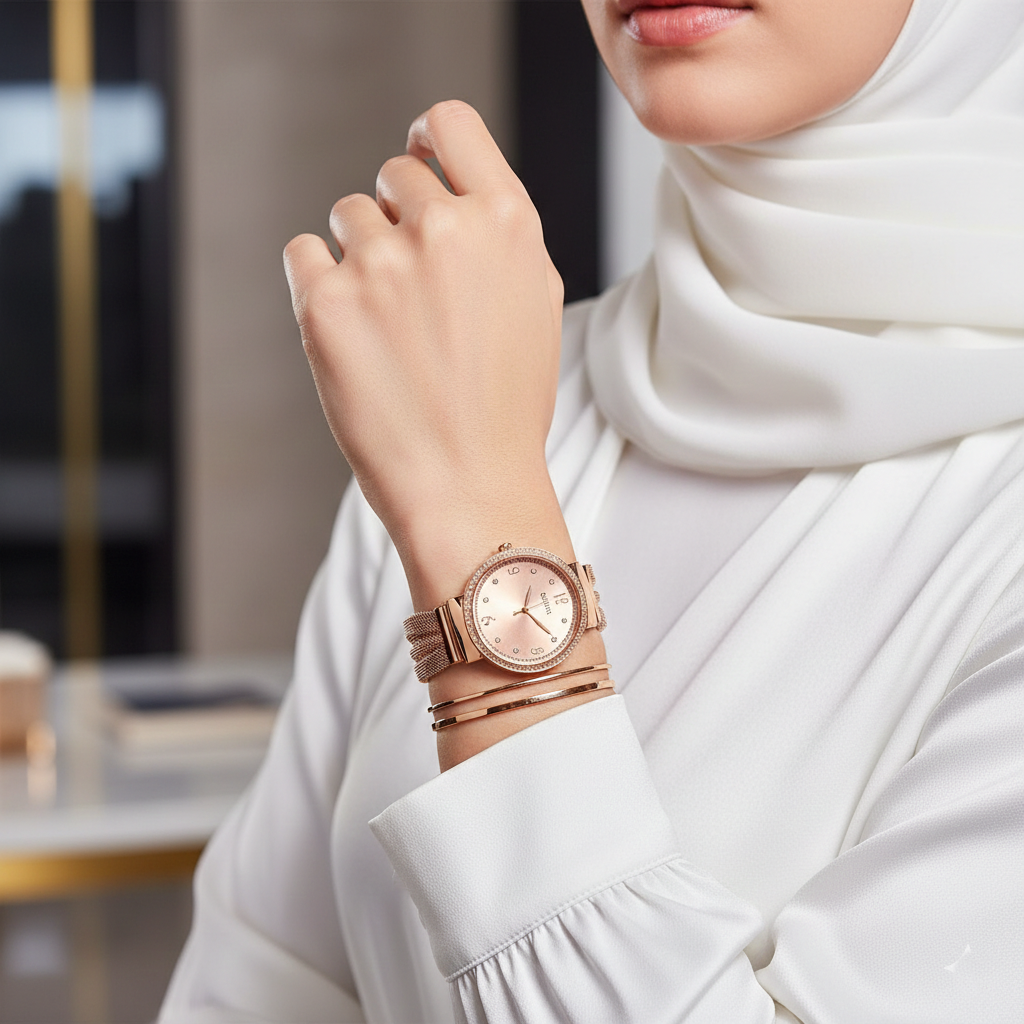 Guess Chiffon W1083L3 Rose Gold Mesh Bracelet Crystal Watch