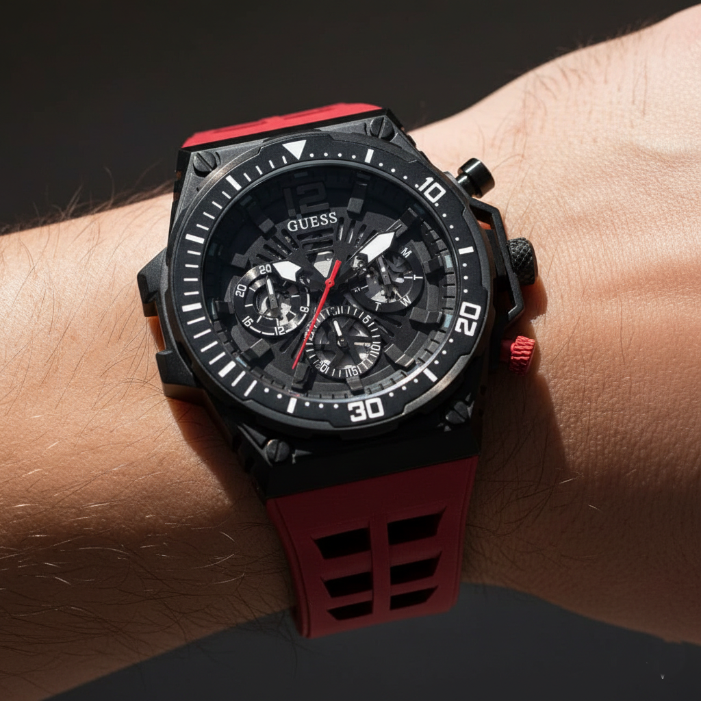 ساعة Guess Exposure GW0325G3 بهيكل أسود وقرص مفتوح ومينا أحمر مطاطي
