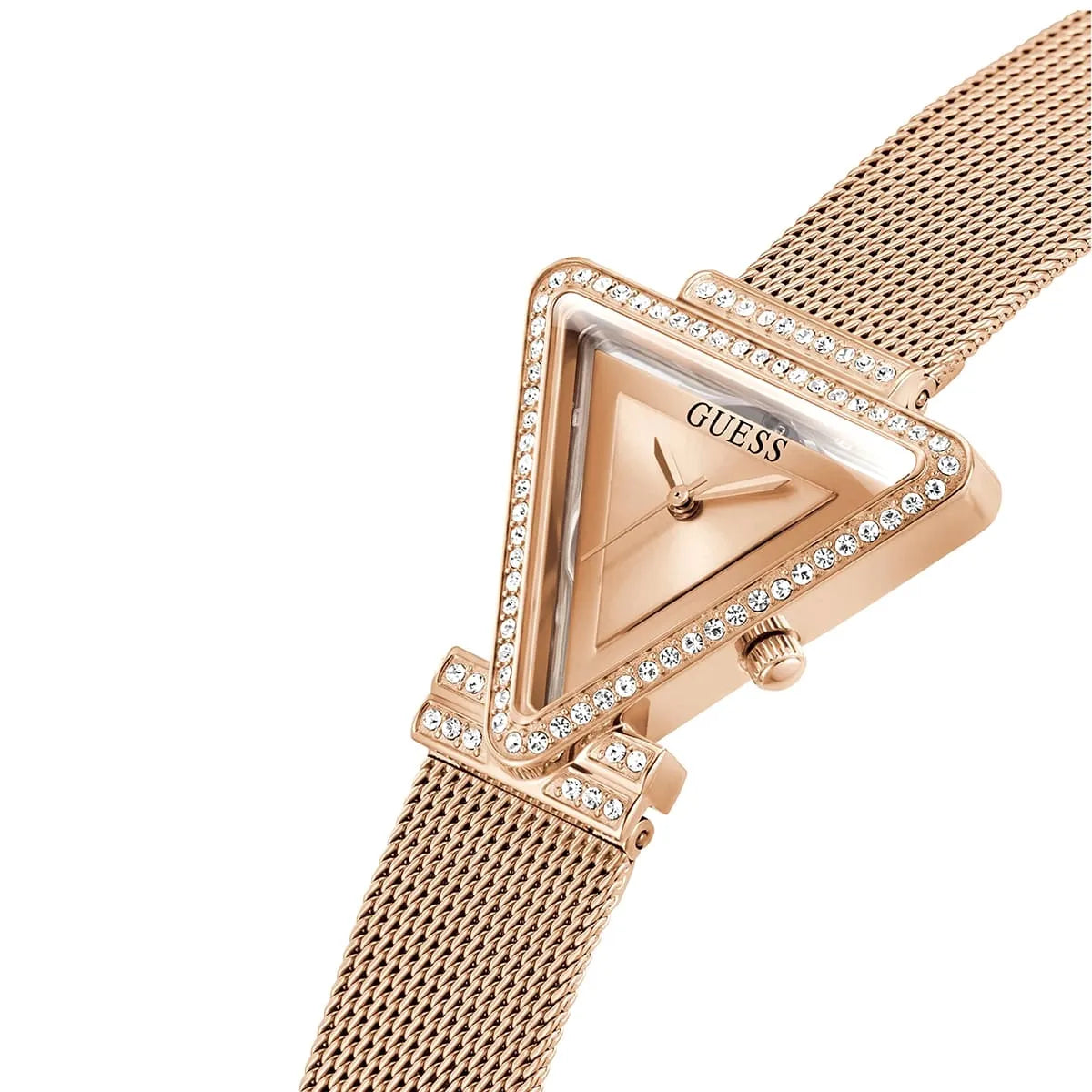 ساعة يد بسوار شبكي وحافظة مثلثة باللون الذهبي الوردي Guess Fame GW0508L3
