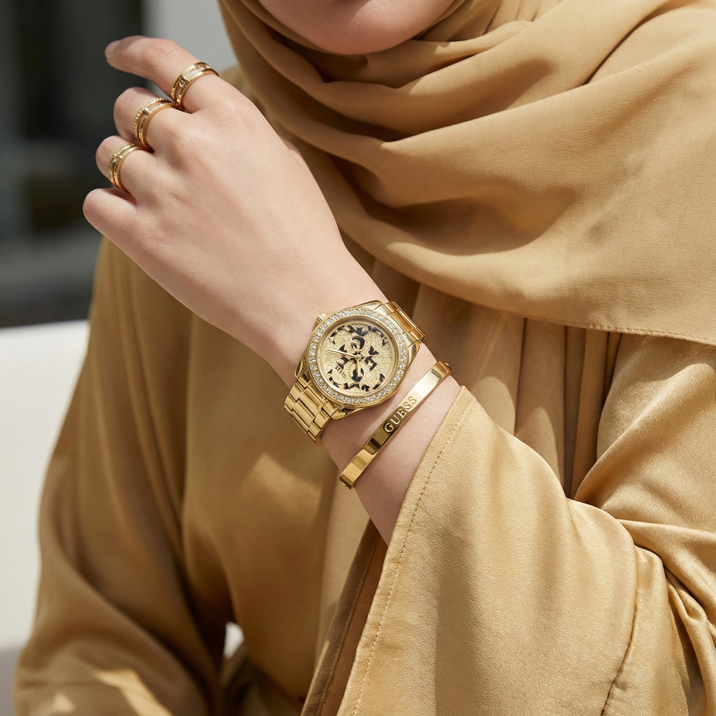 Guess G Twist W1201L2 Gold Tone Crystal Bezel Glitter Dial Ladies Watch