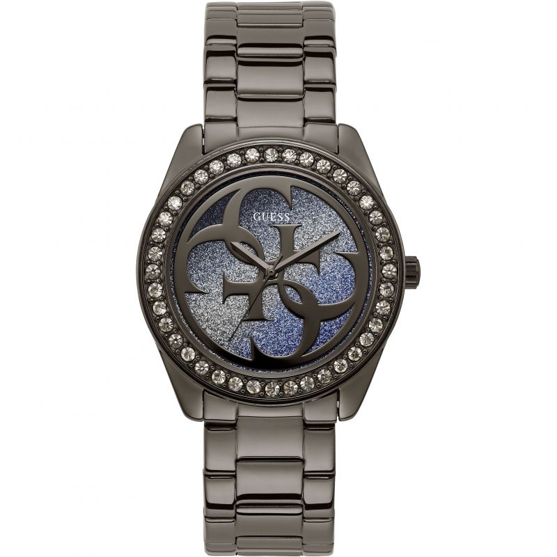 Guess G Twist W1201L4 Gunmetal Stainless Steel Purple Glitter Dial Watch