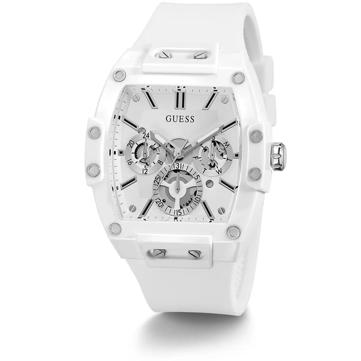 ساعة يد رجالية من Guess Phoenix GW0203G2 بهيكل مطاطي أبيض ومينا شفاف وحزام مطاطي