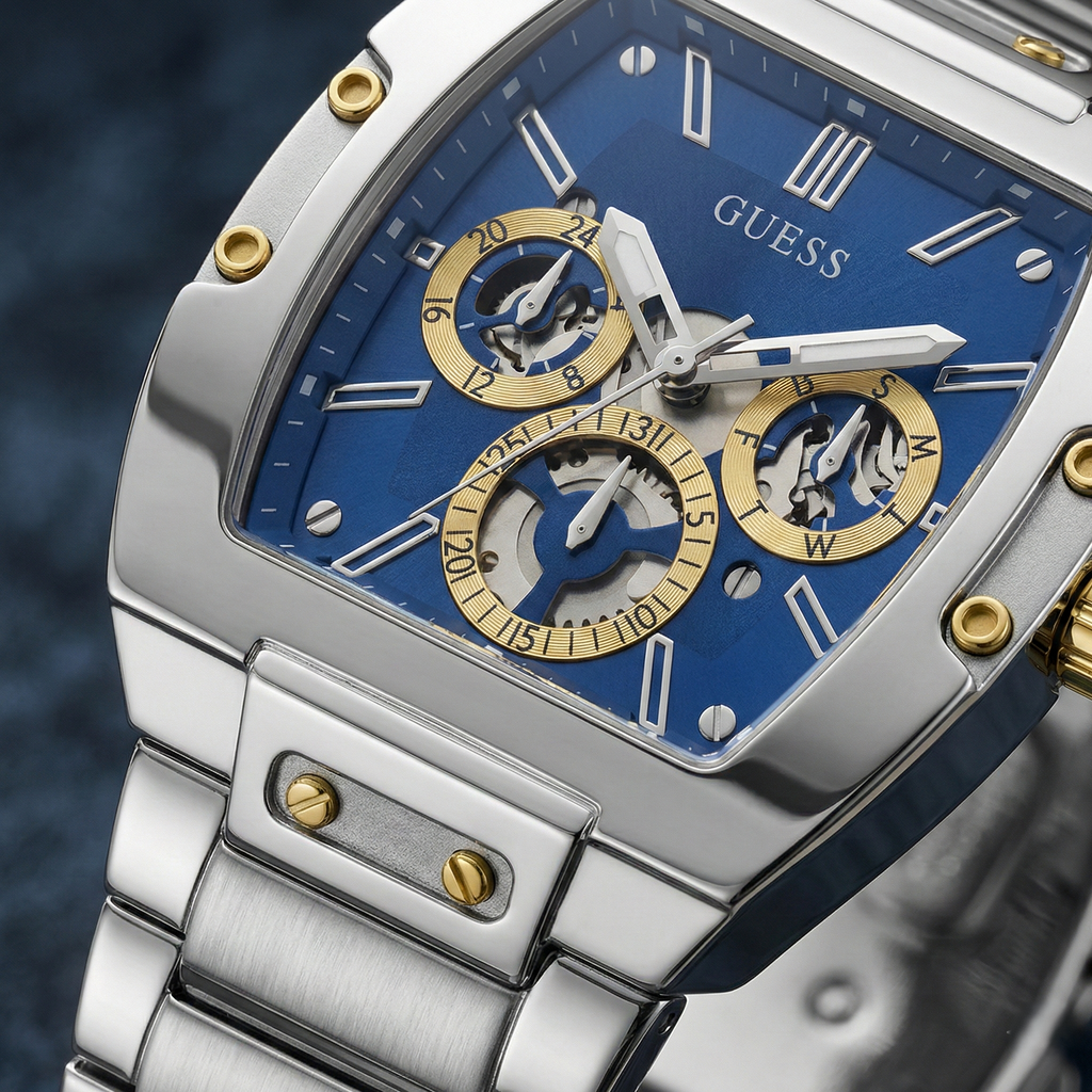 Guess Phoenix GW0456G5 ساعة بسوار فضي وعقارب زرقاء متعددة الوظائف