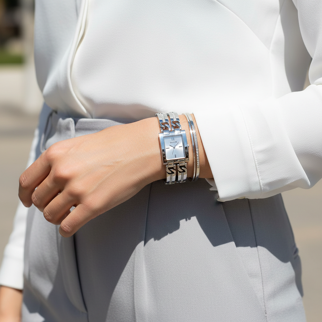 ساعة يد بسوار مستطيل من الكريستال بلون فضي طراز GW0668L1 من Guess