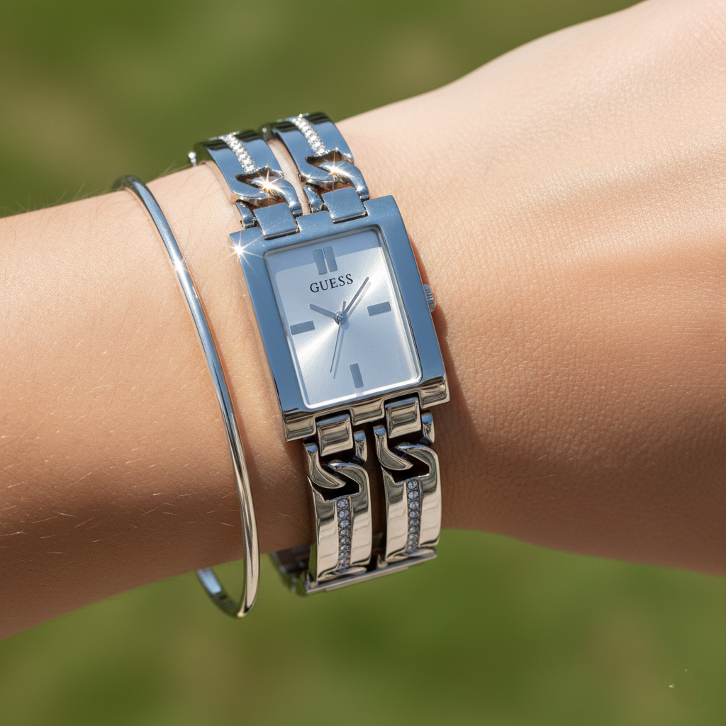 ساعة يد بسوار مستطيل من الكريستال بلون فضي طراز GW0668L1 من Guess