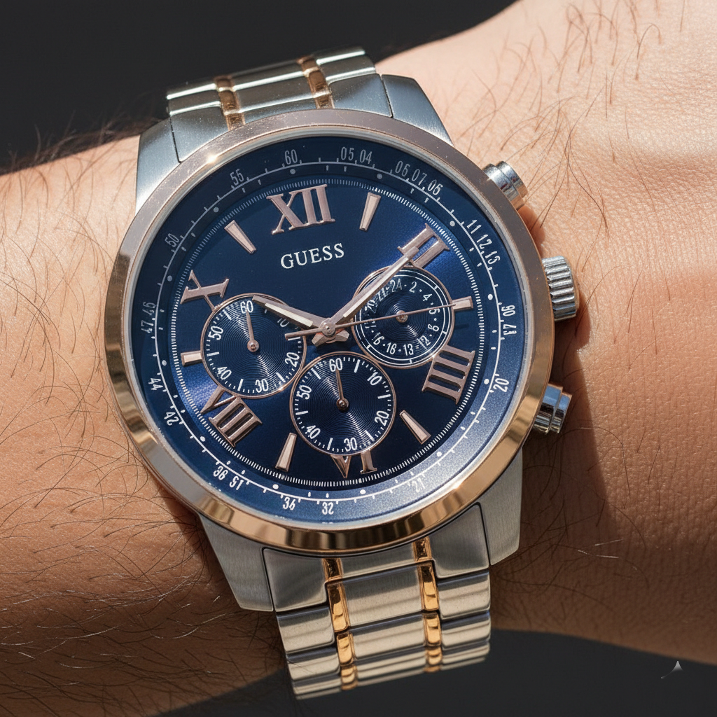 ساعة Guess Horizon W0379G7 بلونين فضي وذهبي وردي بمينا أزرق