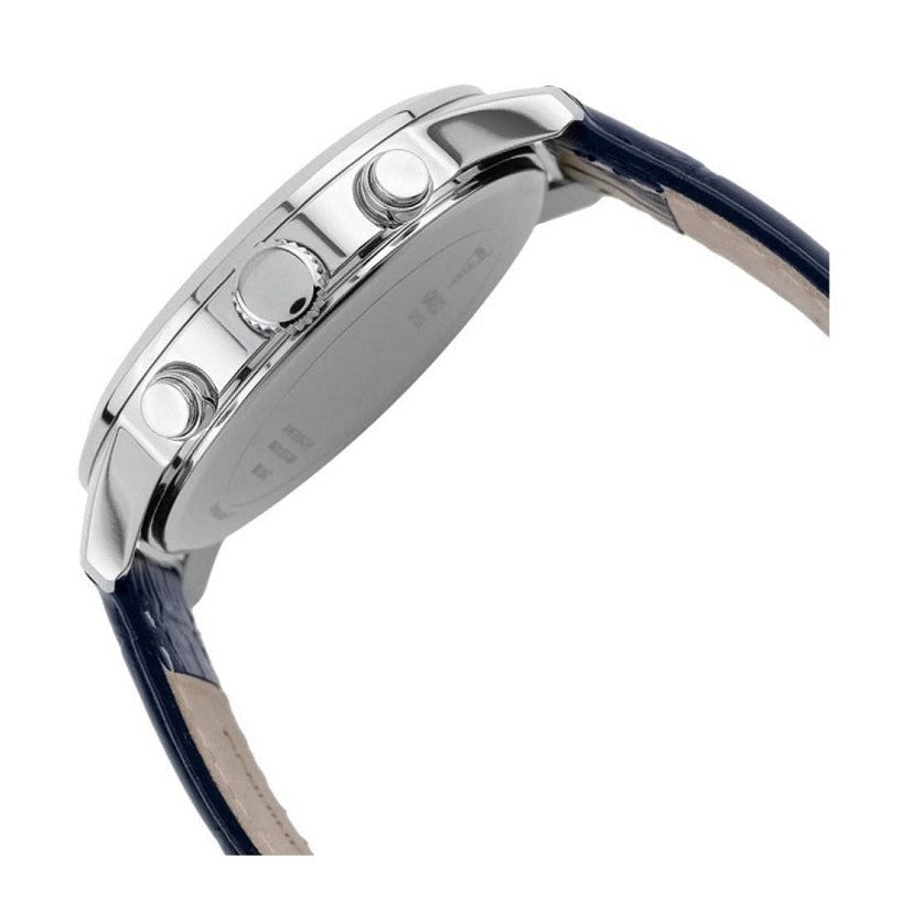 Guess Horizon W0380G3 ساعة بهيكل فضي ومينا أسود وسوار جلدي أزرق