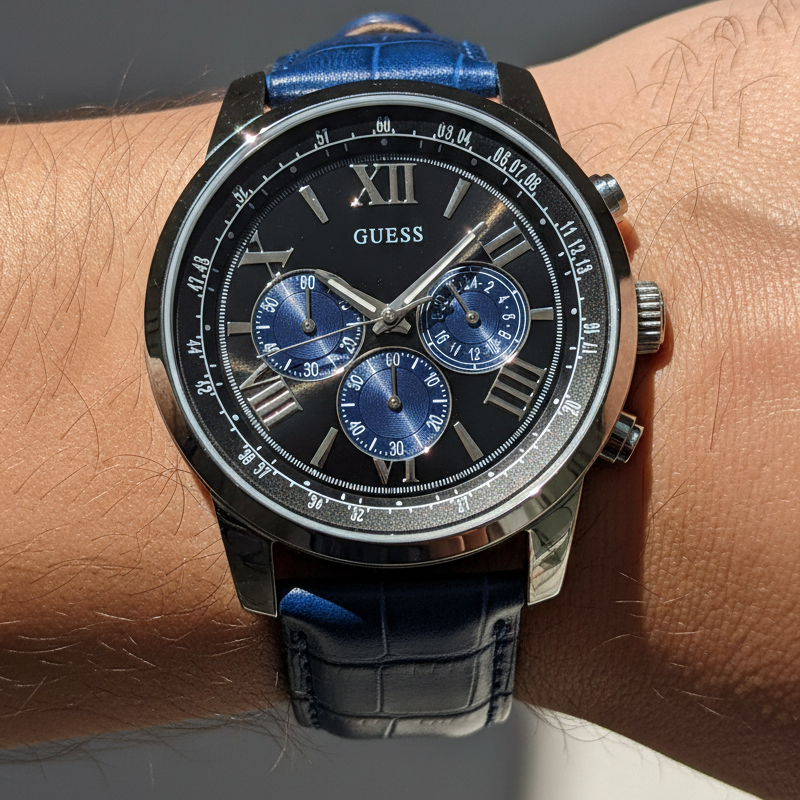 Guess Horizon W0380G3 ساعة بهيكل فضي ومينا أسود وسوار جلدي أزرق