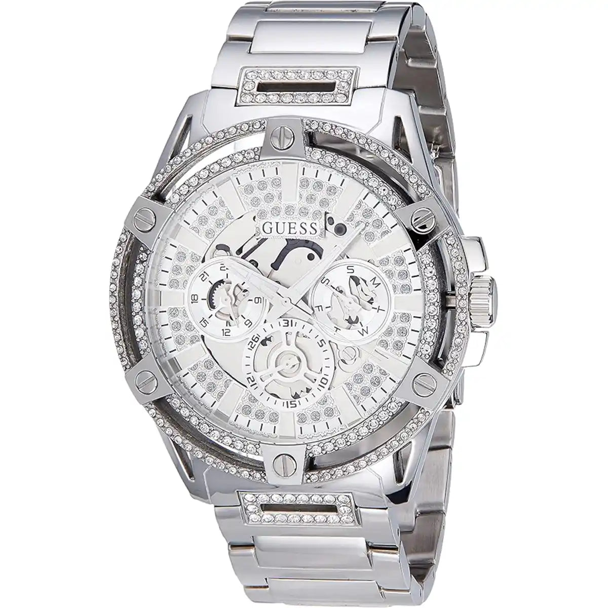 ساعة رجالي بهيكل فضي كريستالي من Guess King GW0497G1