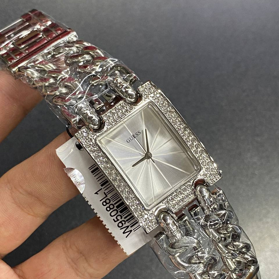 Guess Mod Heavy Metal W1121L1 Silver Tone Chain Bracelet Crystal Bezel Watch