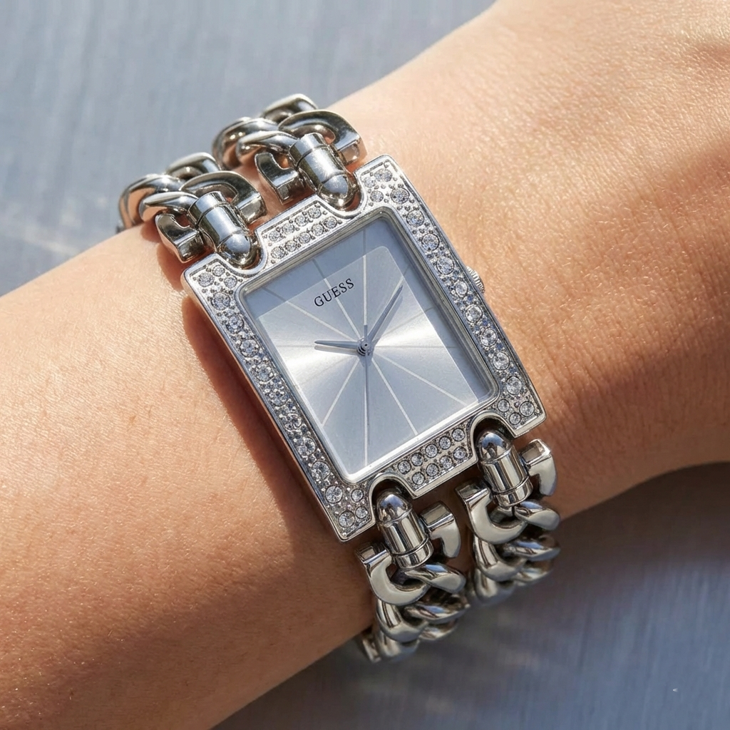 ساعة يد جاس مود "Guess Mod" طراز W1121L1 بسوار سلسلة فضي وإطار مرصع بالكريستال
