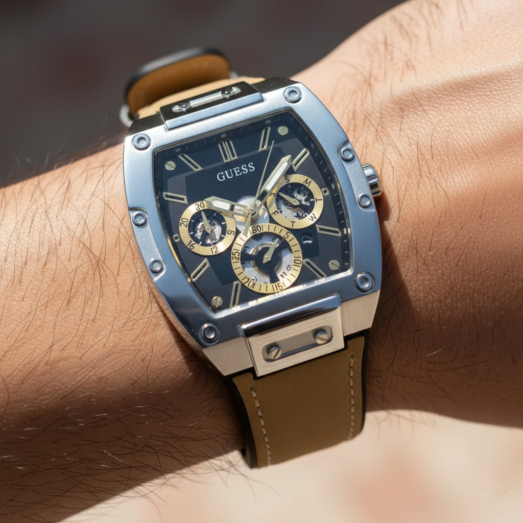 ساعة Guess Phoenix GW0202G3 بهيكل فضي ومينا أسود وسوار مطاطي بني