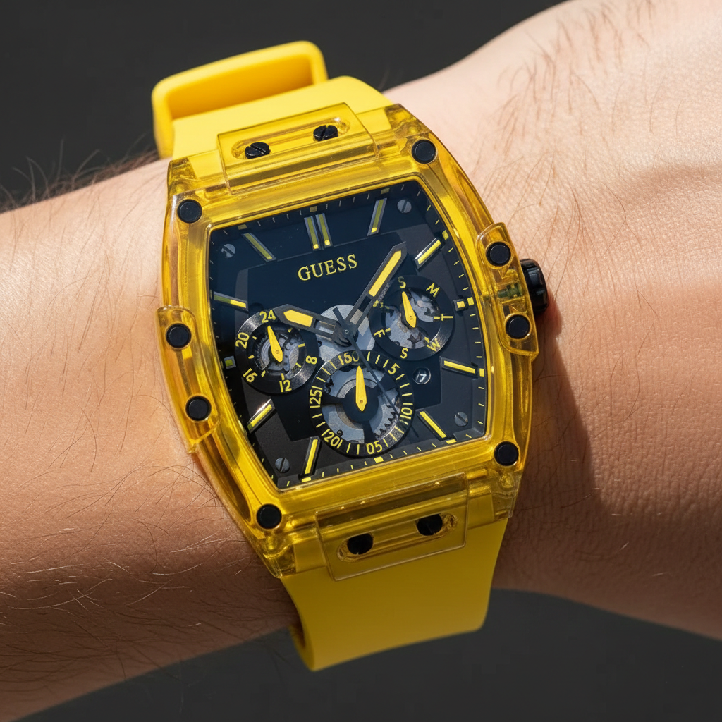 ساعة يد مطاطية شفافة صفراء من البولي كربونات من Guess Phoenix GW0203G6