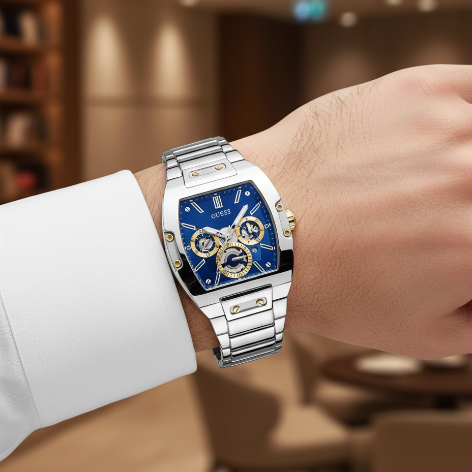 Guess Phoenix GW0456G5 ساعة بسوار فضي وعقارب زرقاء متعددة الوظائف