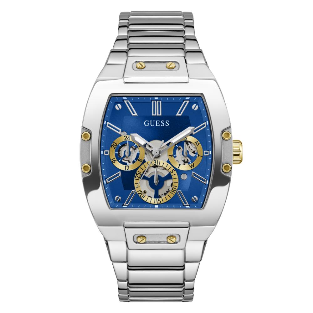 Guess Phoenix GW0456G5 ساعة بسوار فضي وعقارب زرقاء متعددة الوظائف