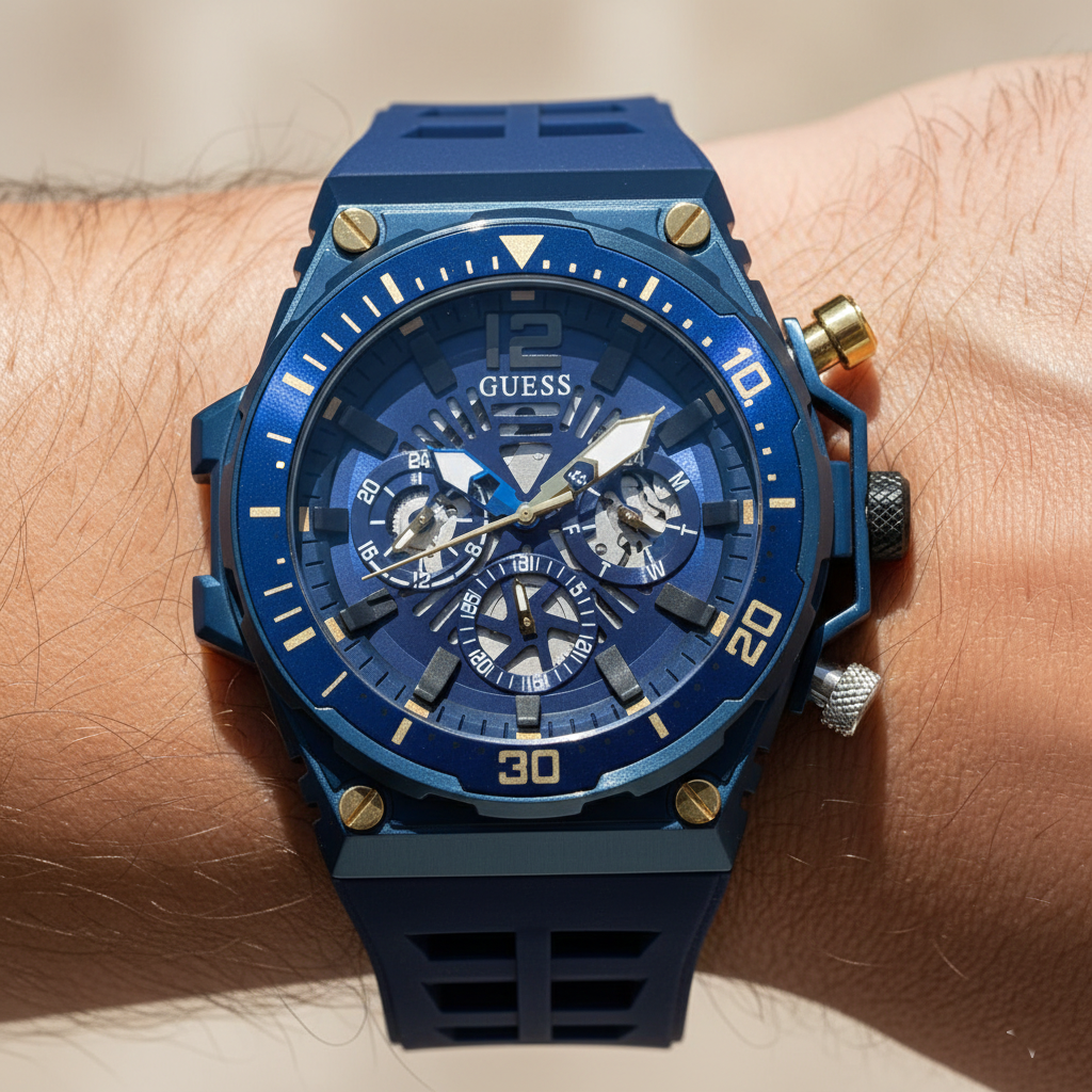 ساعة يد رجالية Guess Treasure GW0443G1 بهيكل عظمي أزرق ومينا مطاطي أزرق