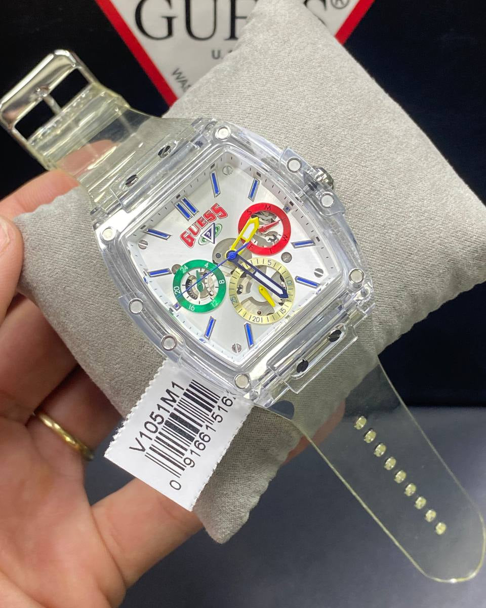 ساعة Guess Originals Phoenix V1051M1 بمينا أبيض وإطار شفاف متعدد الألوان